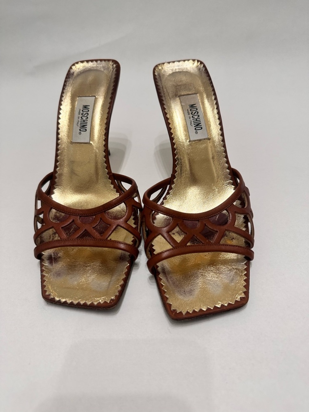 Moschino Brown Leather Cutout Slide Mules with Gold Insole
